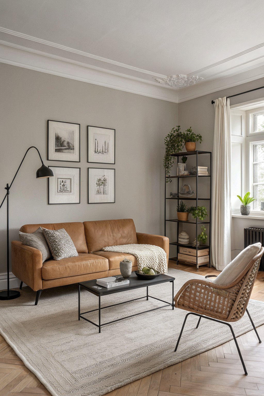 Cozy living room corner with light greige walls, tan leather sofa, black metal plant shelf, rattan chair, and beige rug on herringbone floors