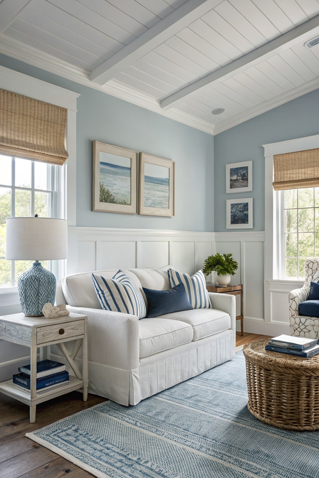 Living room corner with pale blue walls, white sofa with blue pillows, side table, and woven rug on wood floors