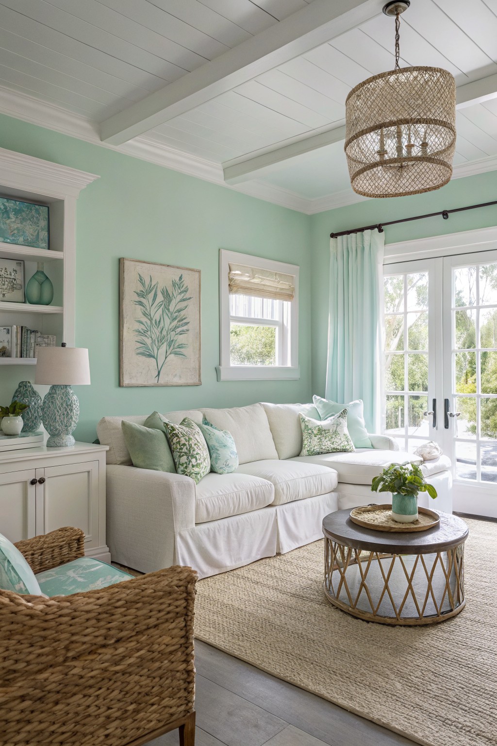 Living room with soft mint green walls, white sofa, rattan accents, and coastal decor under a seagrass chandelier