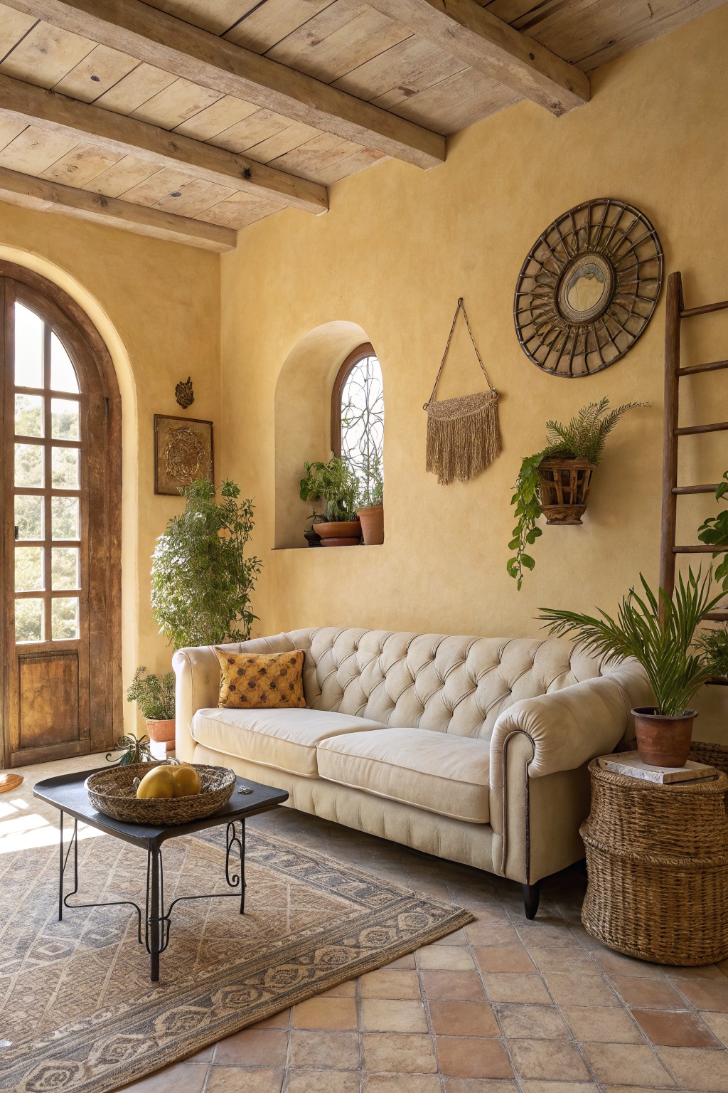 Cozy living room interior with soft ochre plaster walls, exposed wooden beams, arched windows, cream tufted sofa, woven basket of fruit on metal table, potted plants, and terracotta tile floor