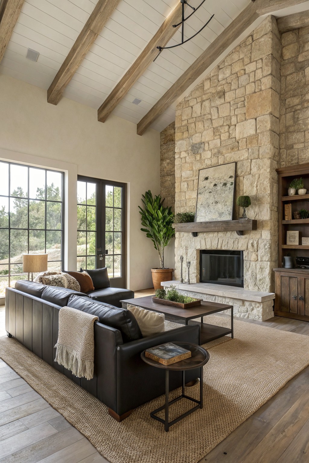 Living room with light greige walls, wood beams, stone fireplace, black leather sofa, and large windows overlooking trees