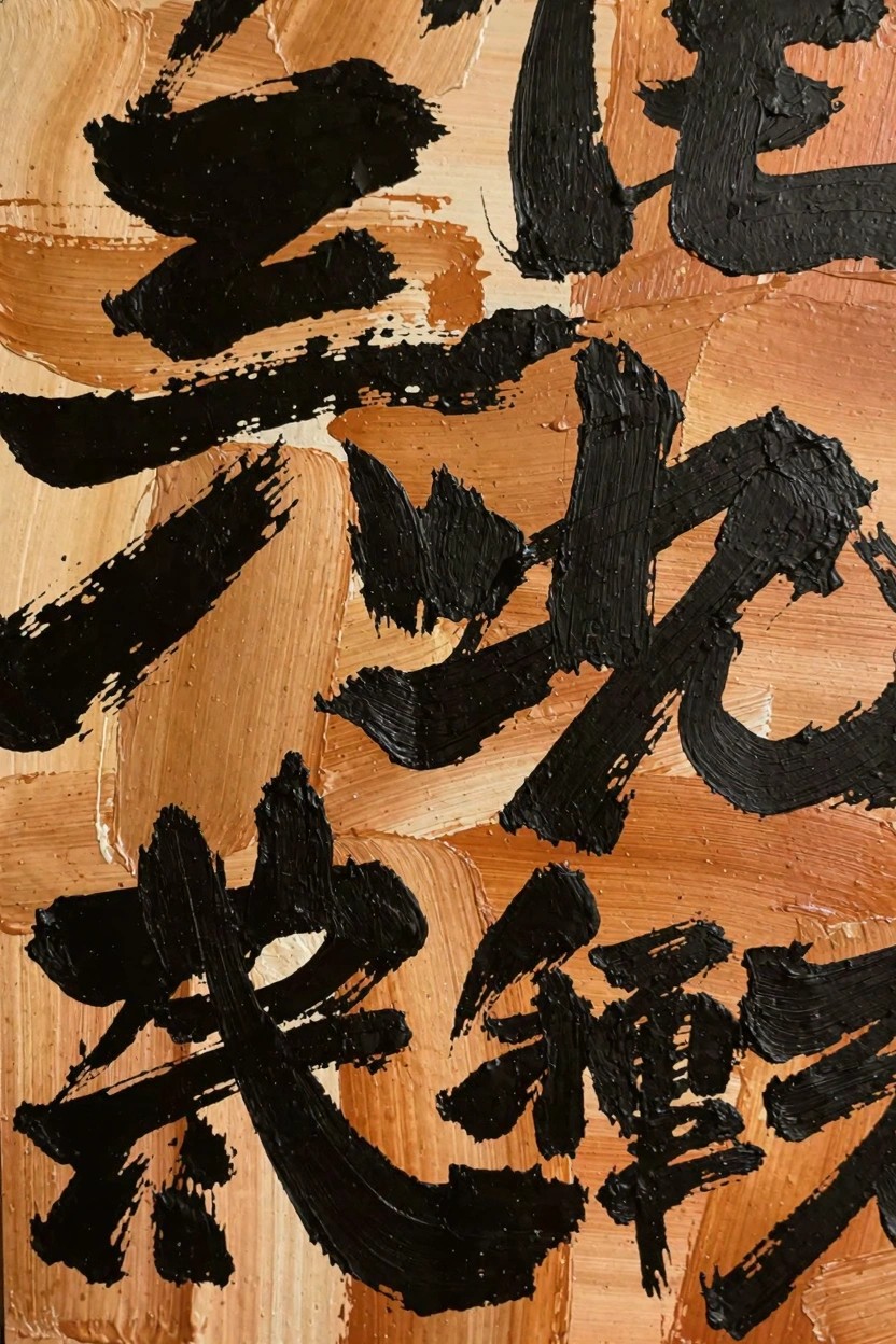 Abstract oil painting with bold black kanji characters in expressive strokes over textured ochre background.