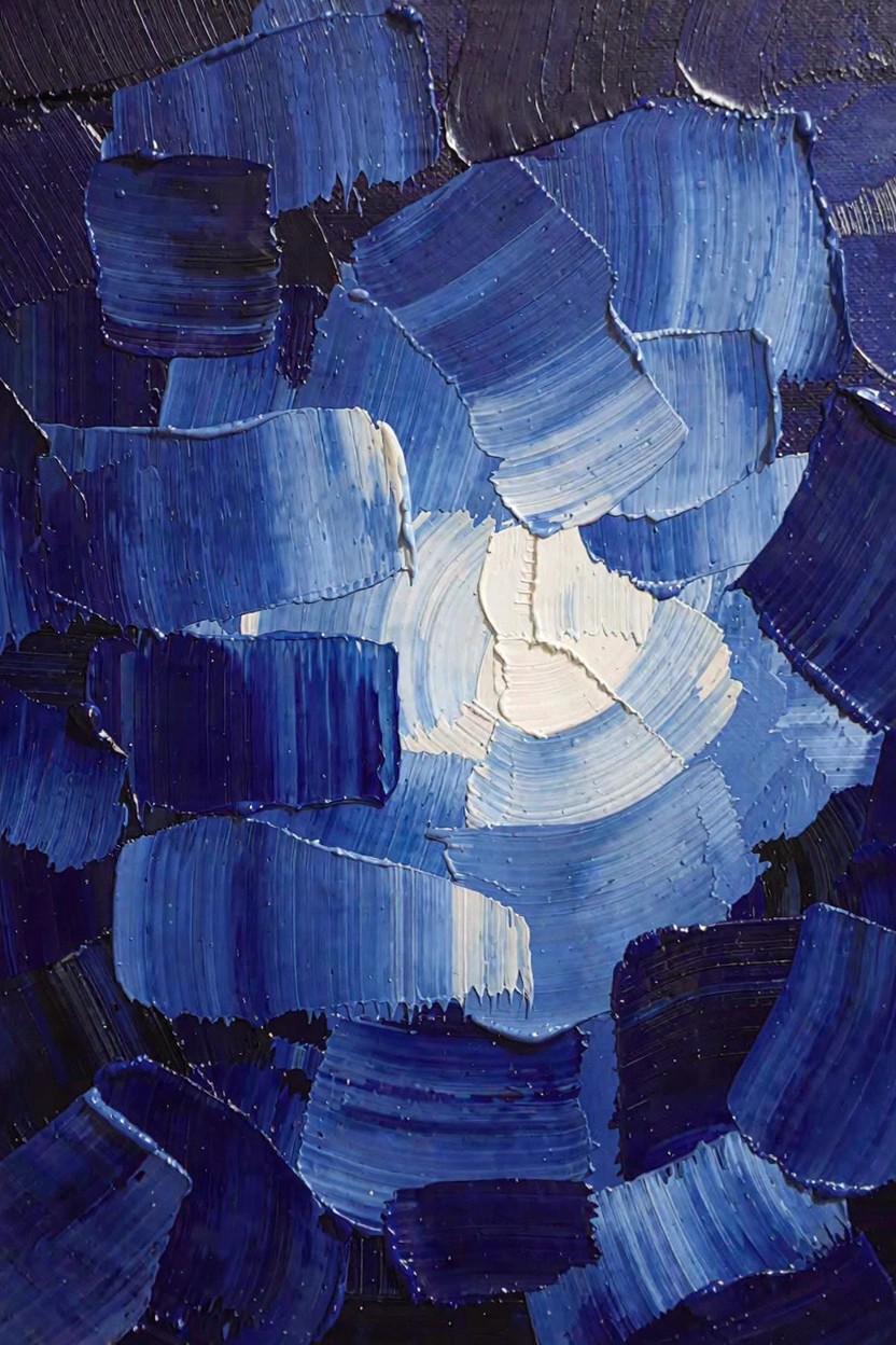 Abstract oil painting featuring thick navy and blue brushstrokes surrounding a swirling white center on a dark background.