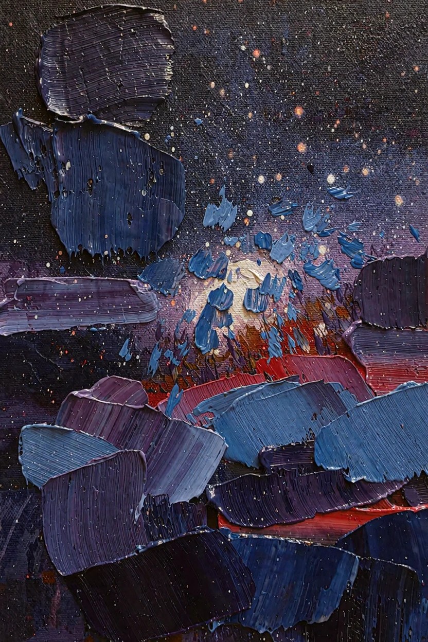 Abstract oil painting featuring a central bright white-orange burst amid blue and purple impasto shapes on a starry black background with red-orange accents below.
