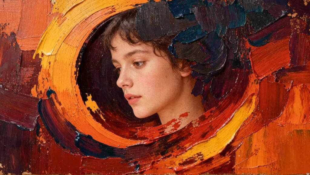 Abstract oil painting featuring thick, swirling impasto layers of orange, red, gold, and green paint in a circular composition.