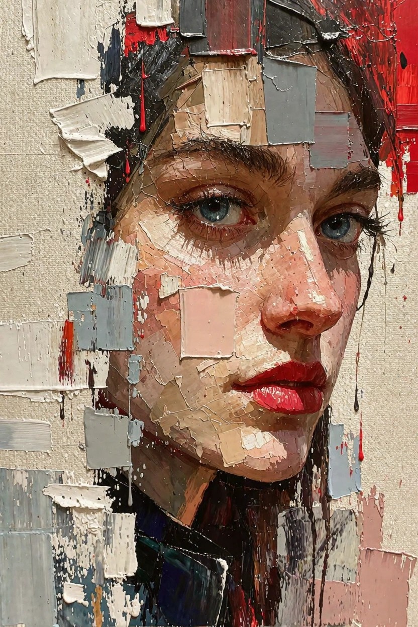 Abstract oil portrait of a woman's face built from thick, multicolored impasto patches with blue eye and red lips.