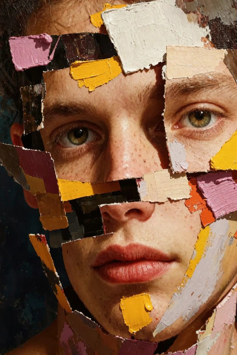 Close-up of a freckled young face overlaid with irregular patches of thick, colorful oil paint in yellow, pink, white, black, and other hues.