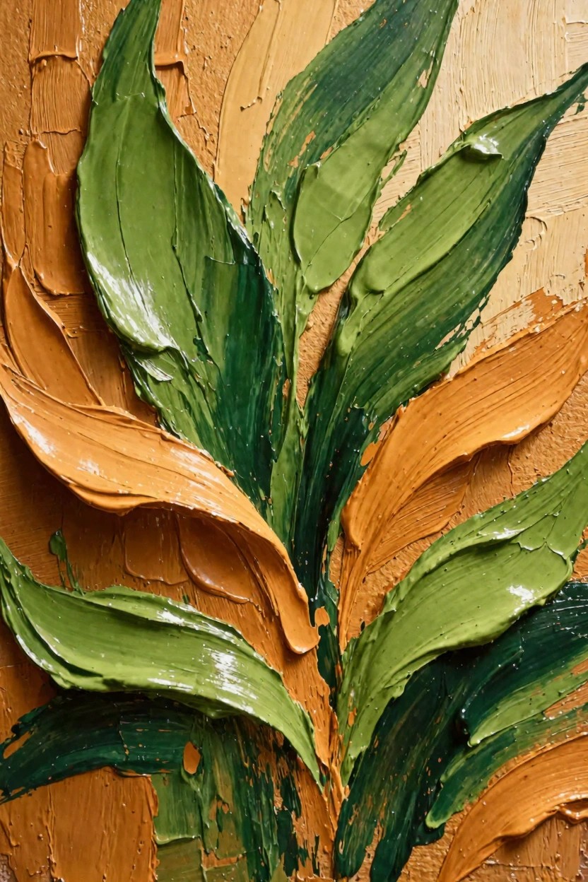 Close-up abstract oil painting of green leaves with orange accents built up in thick impasto strokes on a textured base.