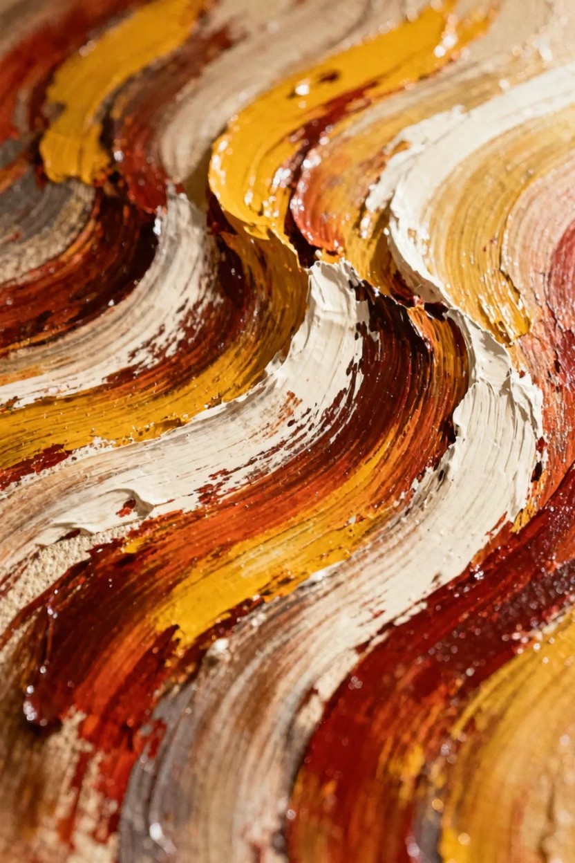 Close-up abstract oil painting of thick, swirling impasto strokes in yellows, oranges, reds, beiges, and whites.