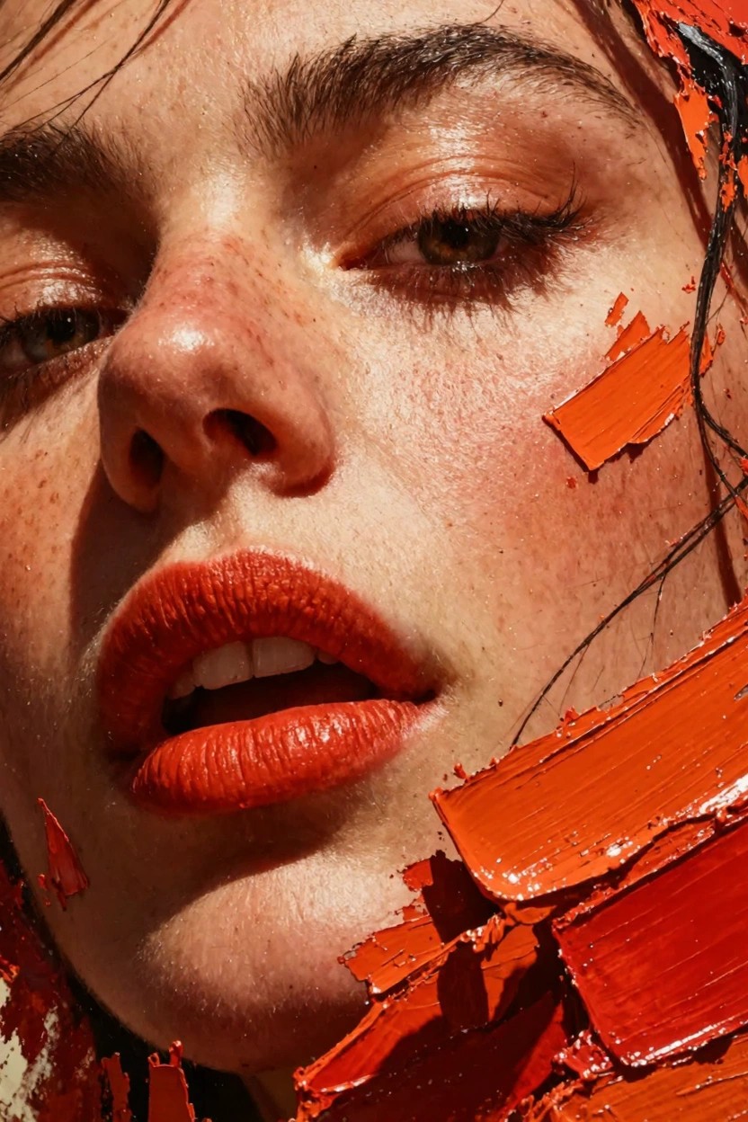 Close-up portrait of a freckled woman's face with brown eyes, red lips, wet hair, and orange-red paint streaks and chunks on her skin and hair.