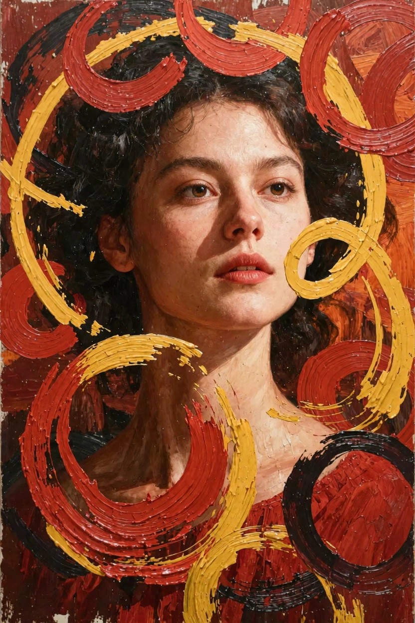 Oil painting of a woman's realistic face and curly hair encircled by thick, swirling abstract loops in red, yellow, black, and orange on a textured reddish background.