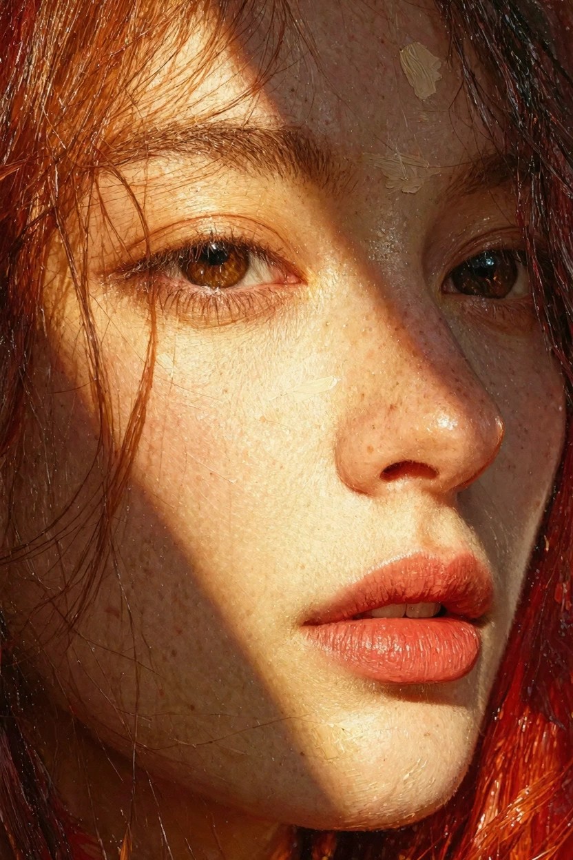 Close-up of a young woman with wet red hair, freckles across her nose, brown eyes, glossy skin, and parted lips in sidelight.