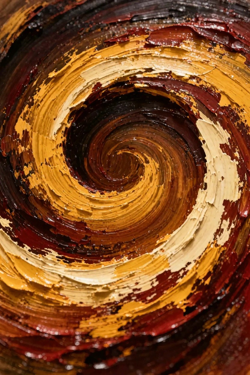 Abstract oil painting of a textured spiral vortex in maroon, brown, yellow, ochre, and cream tones.