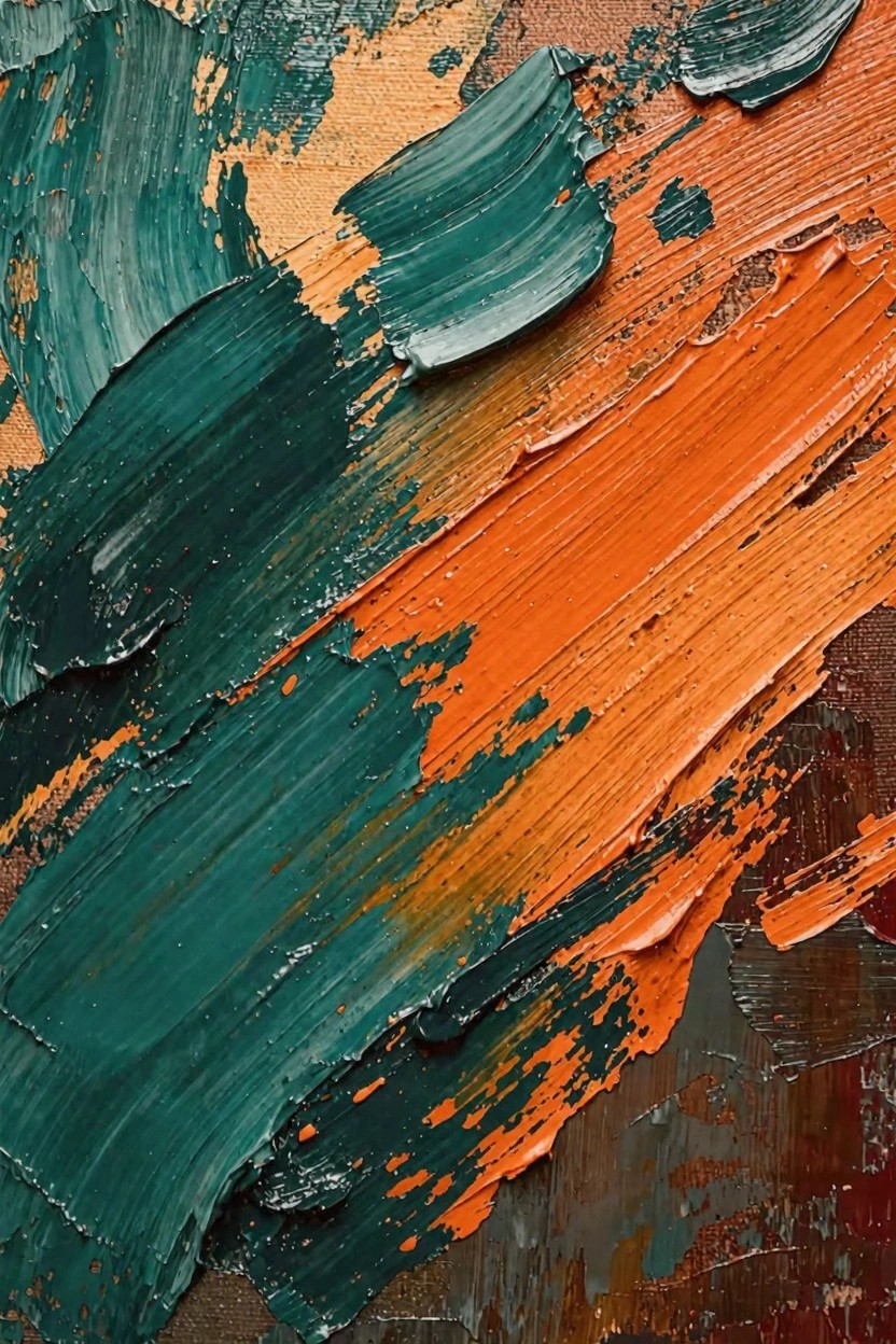 Abstract oil painting with thick, layered impasto in teal greens, oranges, and earth tones.