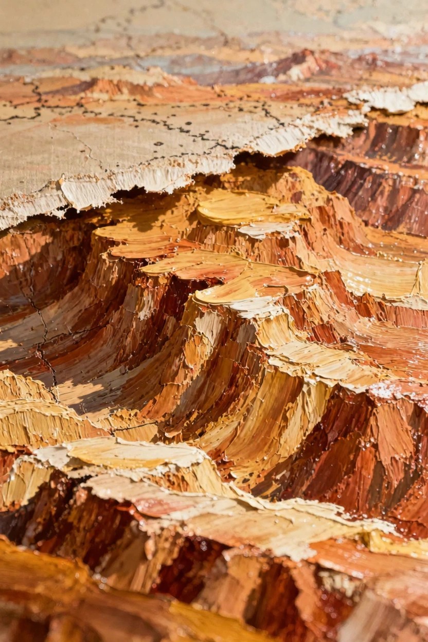 Close-up of an abstract oil painting with thick, layered impasto in orange, red, and beige depicting eroded canyon ridges and cracks.