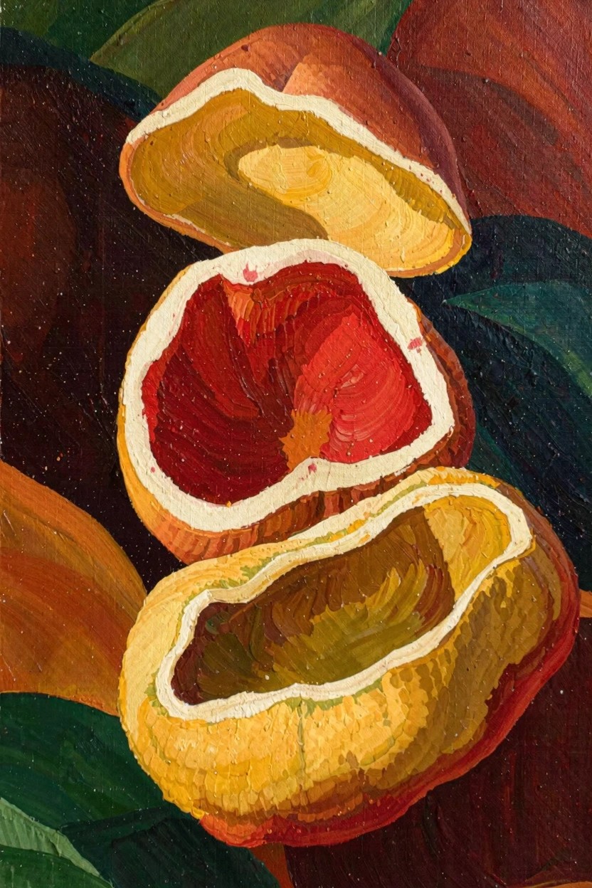 Oil painting of stacked halved pomegranates revealing red and yellow interiors amid green leaves, rendered with thick textured brushstrokes.