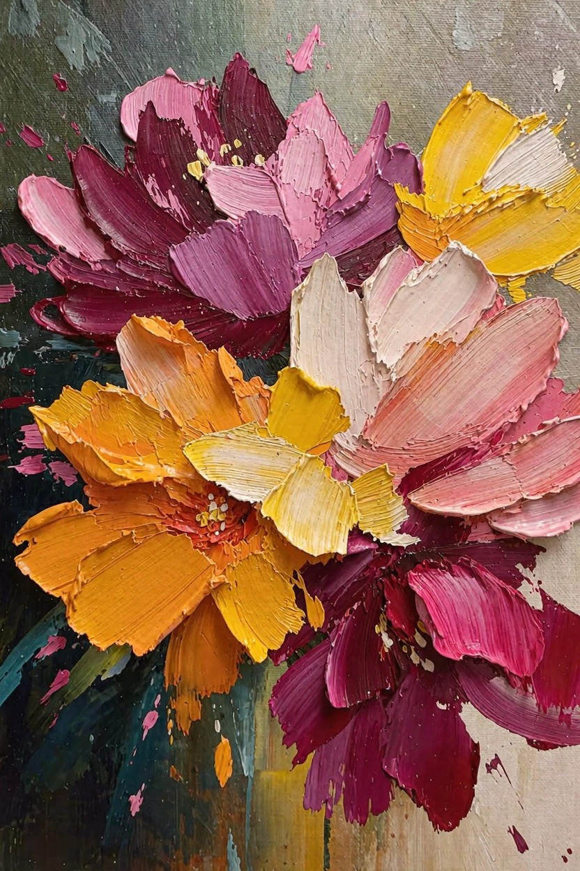 Oil painting of a close-up floral cluster in thick pink, red, orange, yellow, and purple impasto strokes on a green-gray background.