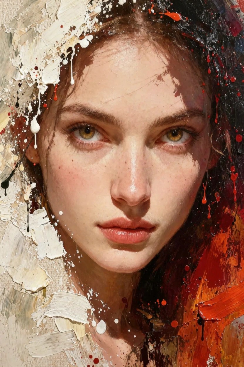 Oil painting of a woman's face with hazel eyes emerging from white, red, black, and orange paint drips and splatters.