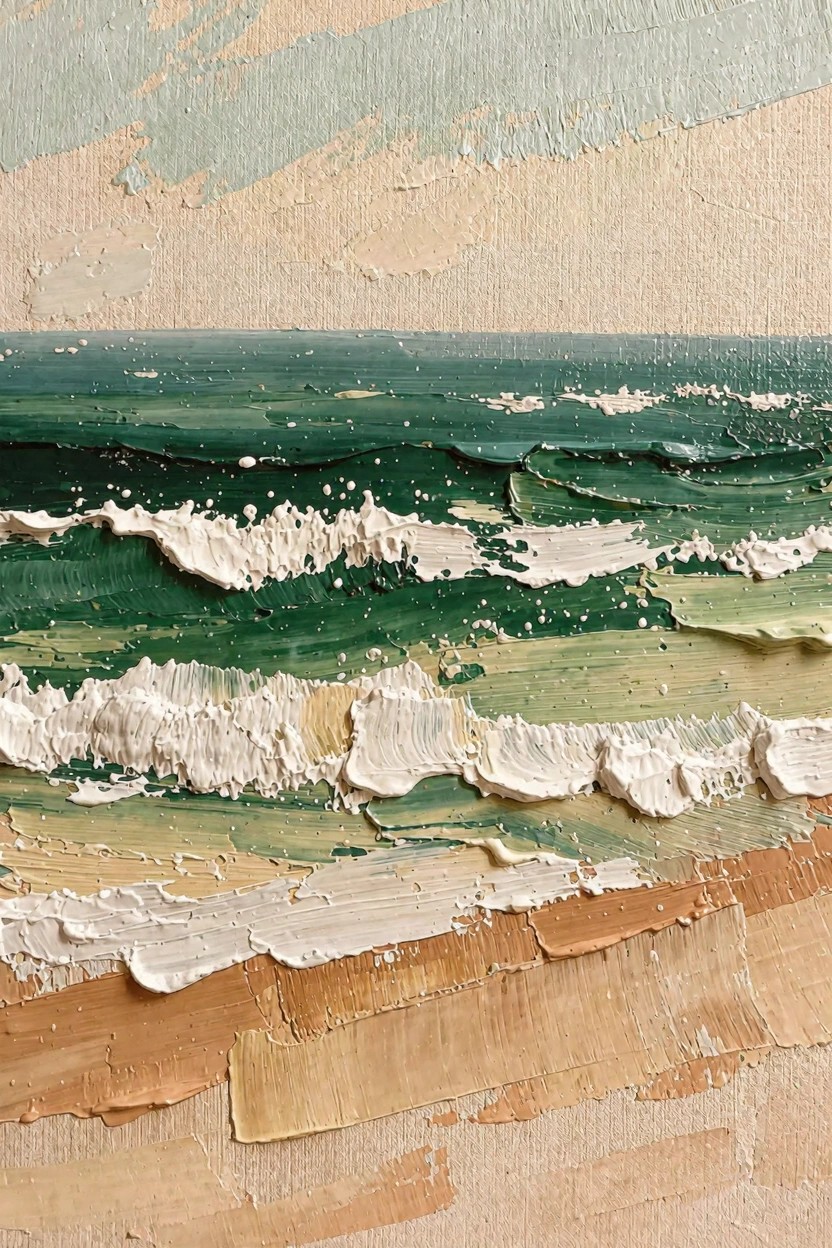 Abstract oil painting depicting green waves with white foam crashing on a beige sandy beach under a faded sky using thick textured brushstrokes.