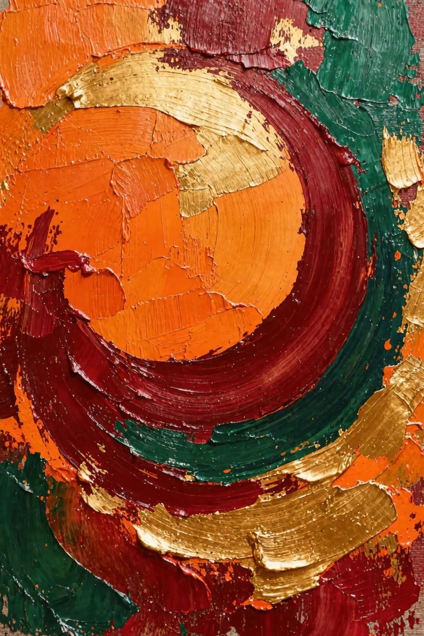 Abstract oil painting featuring thick, swirling impasto layers of orange, red, gold, and green paint in a circular composition.