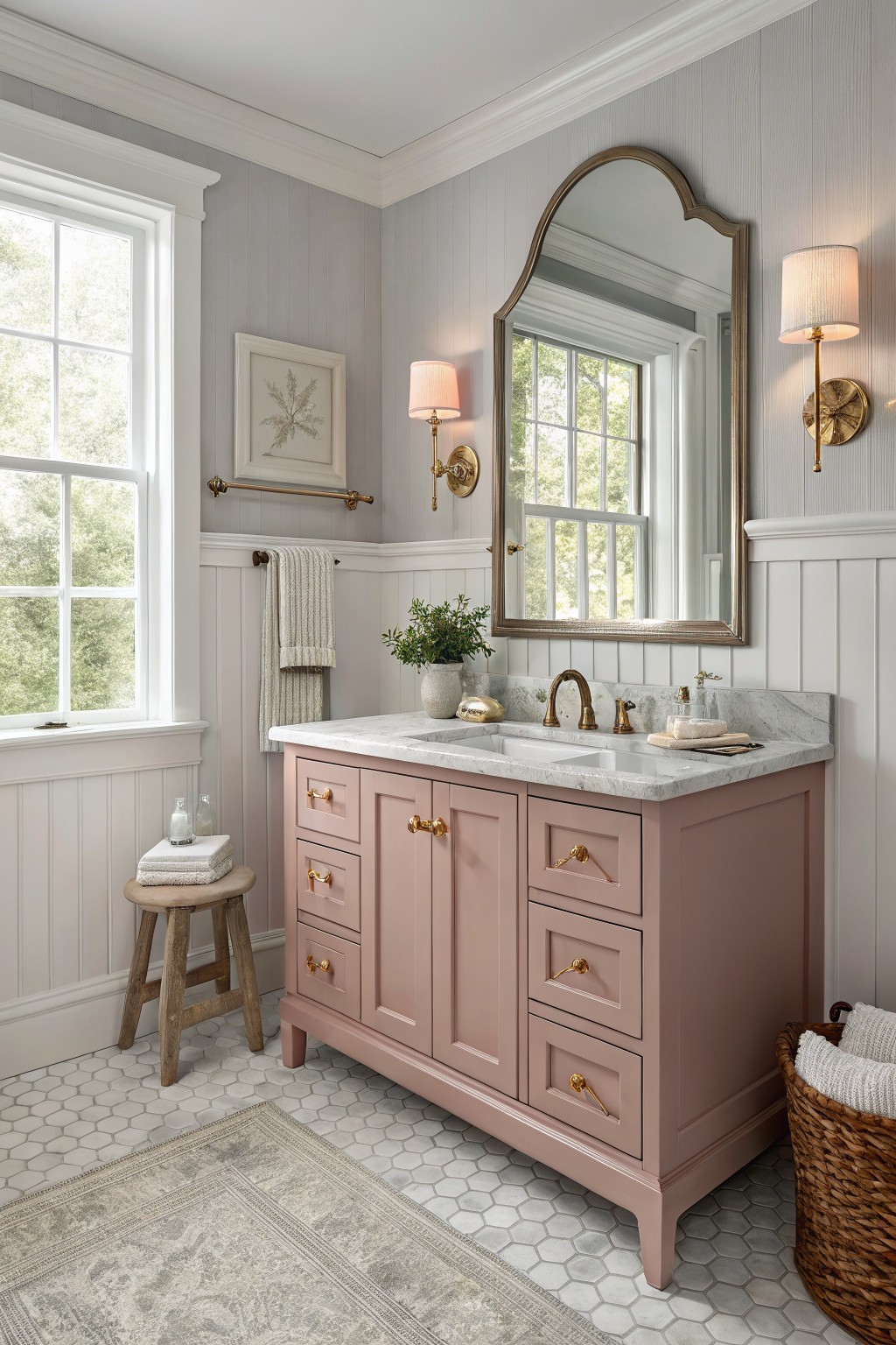 Blush pink double-sink vanity with brass pulls against light gray shiplap walls in a sunny bathroom