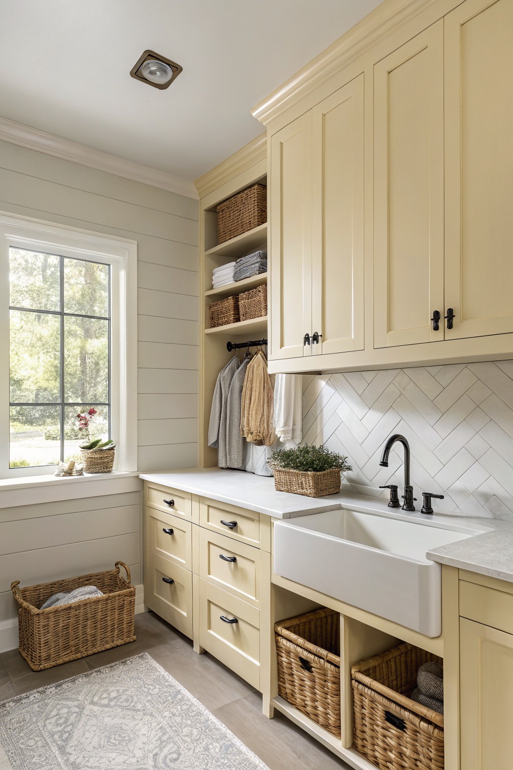 Laundry room featuring creamy yellow cabinets against light gray shiplap walls, with a white farmhouse sink, herringbone tile backsplash, and wicker storage baskets