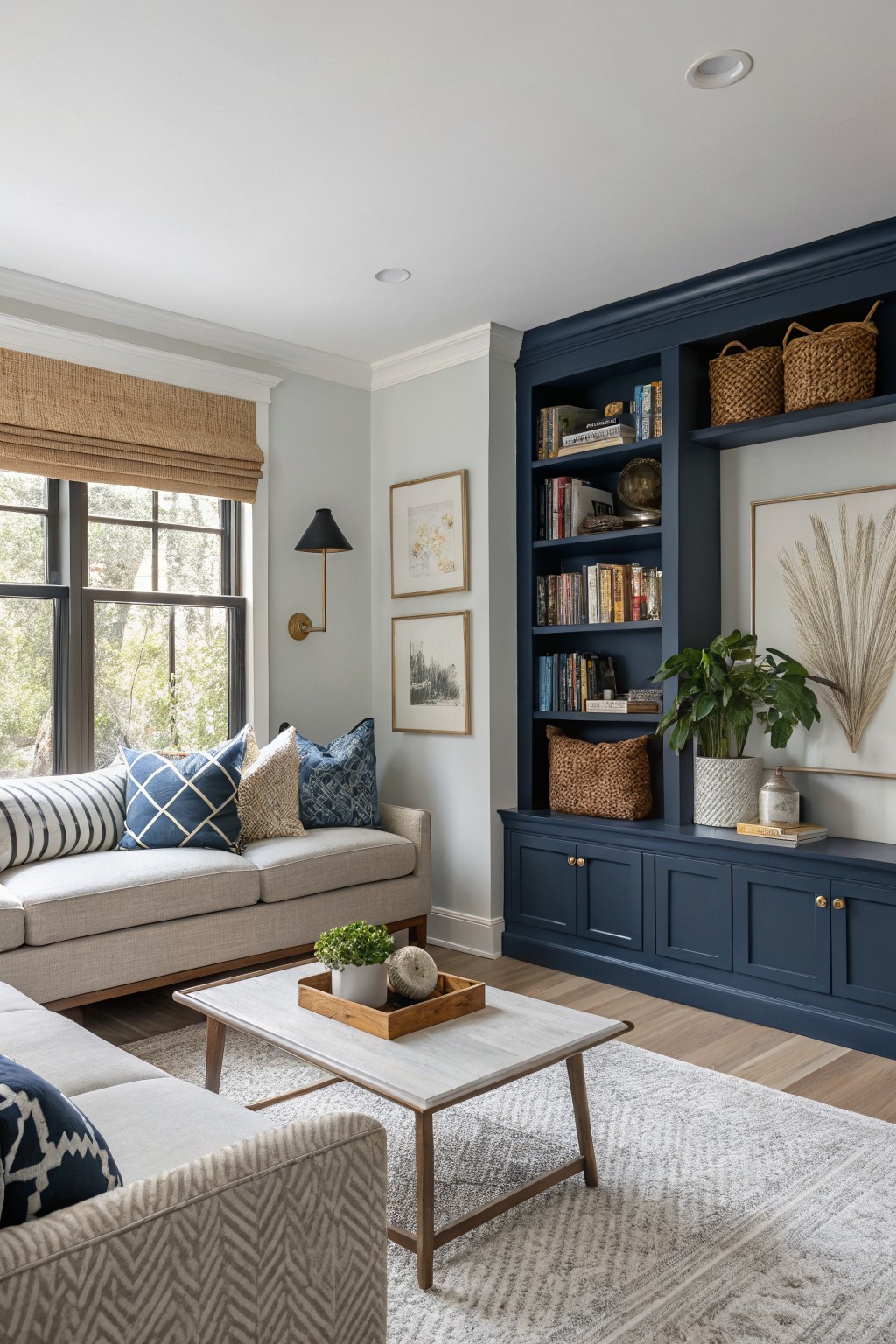 Living room with navy blue built-in bookshelves and cabinets against light gray walls, beige sofa, wood floors, and natural light from windows