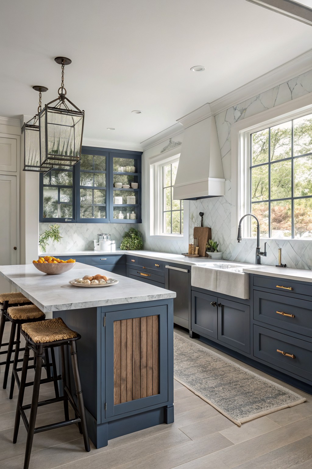 Kitchen with deep navy blue cabinets on the island and base units, white marble counters, rattan barstools, and light gray wood-look floors