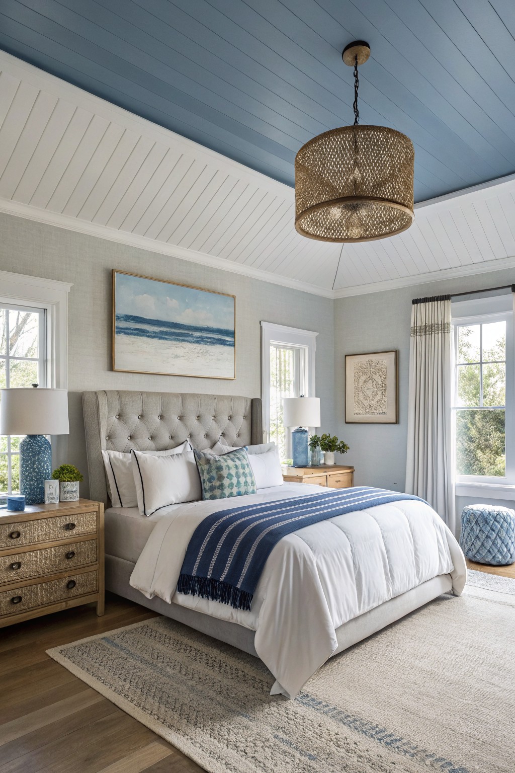 Cozy bedroom featuring pale blue shiplap ceiling over light gray walls, tufted gray upholstered bed with navy throw, rattan nightstand, and woven pendant light