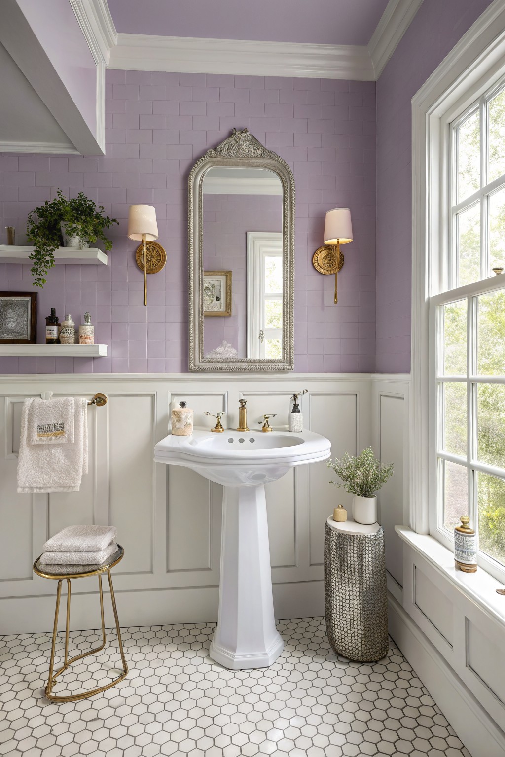 Bathroom featuring soft pale lavender walls with white wainscoting, pedestal sink, gold accents, and natural window light