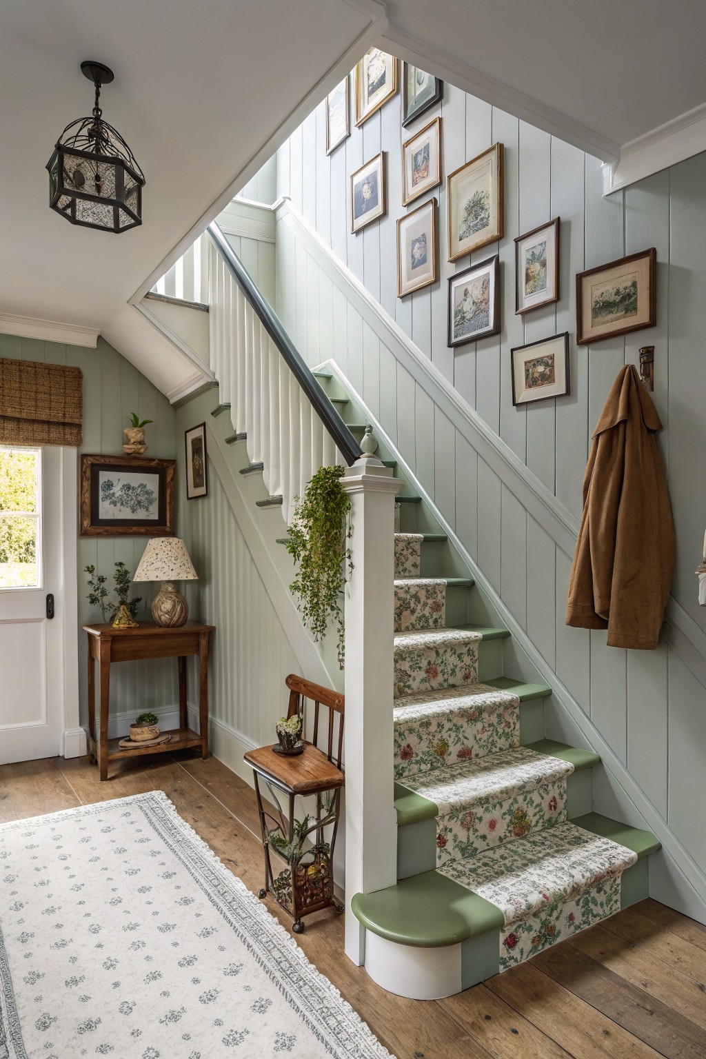 Pale sage green paneled walls framing wood stairs with floral risers in a light-filled entry