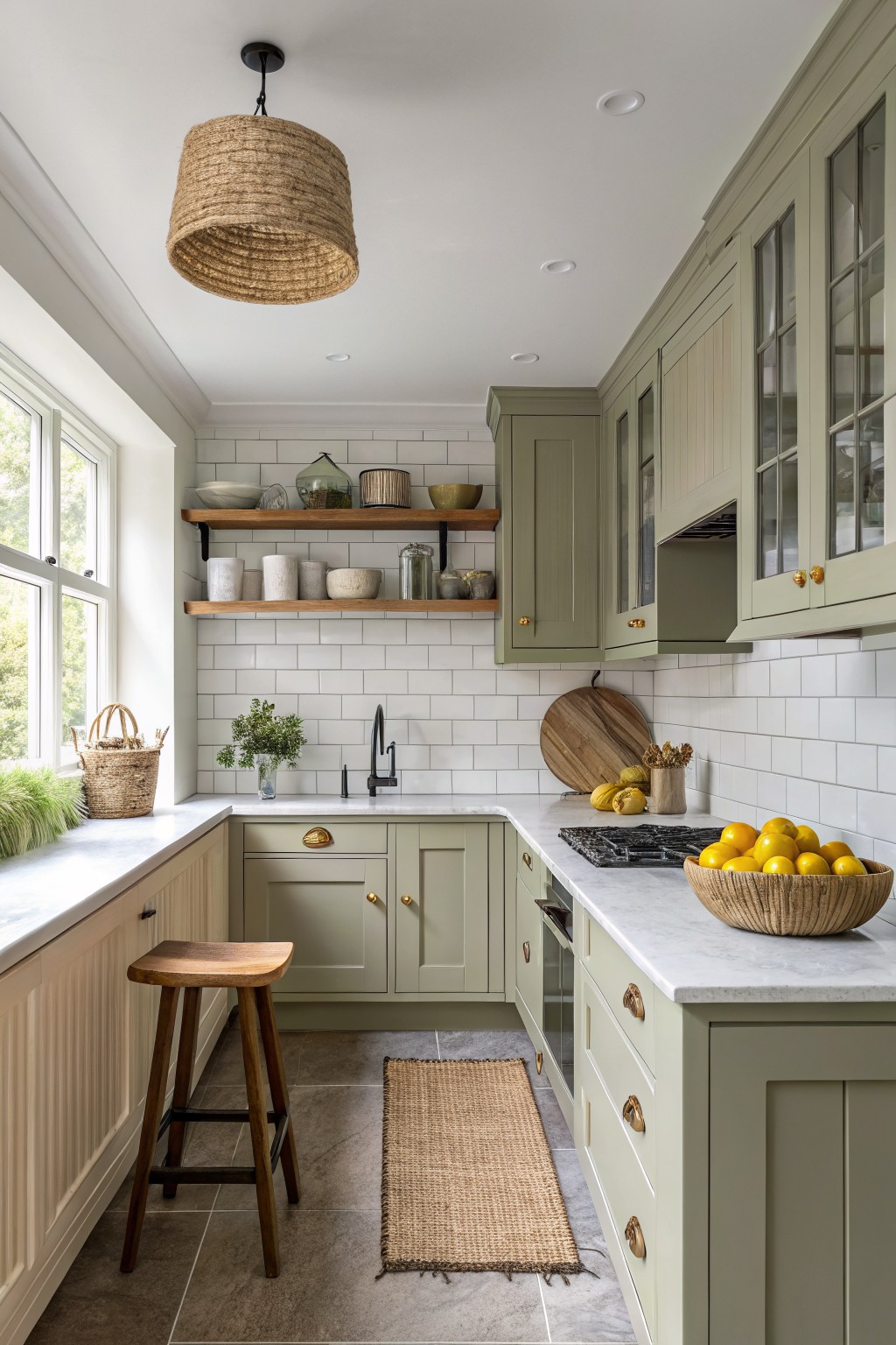Bright kitchen featuring sage green cabinets, white subway tile backsplash, light gray floors, wooden stools, and woven accents
