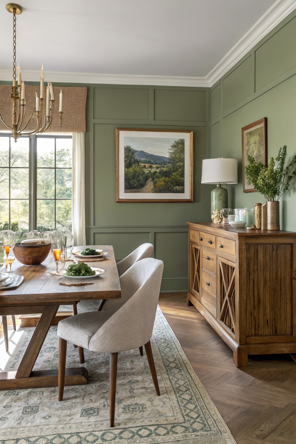 Cozy dining room featuring soft sage green paneled walls, a wooden trestle table with upholstered chairs, brass chandelier, and wooden buffet cabinet