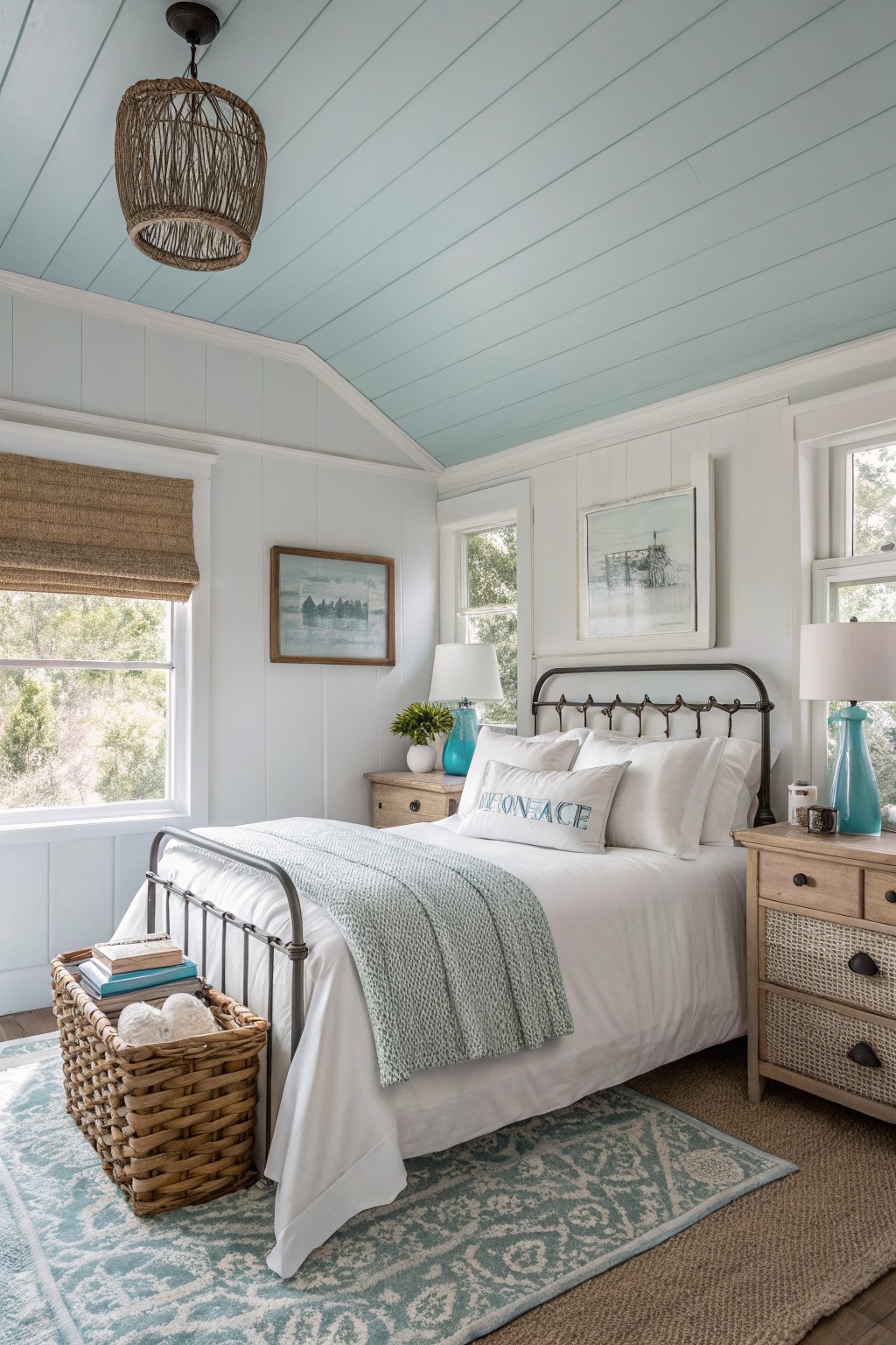 Bedroom featuring a vaulted soft blue ceiling over white paneled walls, metal bed frame, and coastal accents