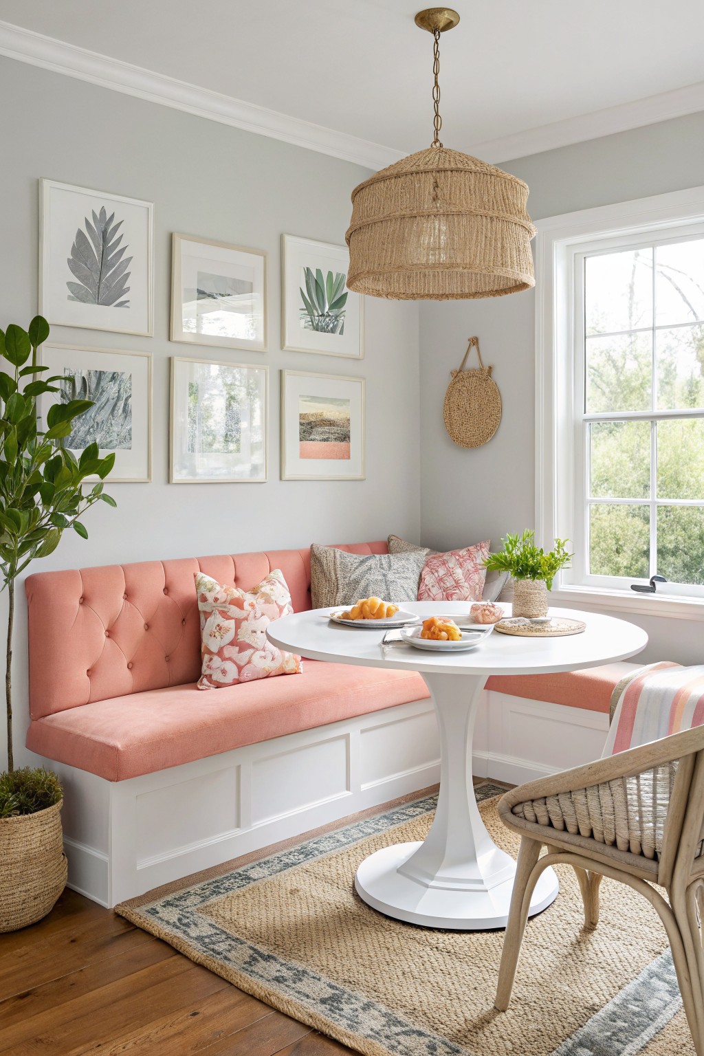 Breakfast nook with soft light gray walls, tufted coral pink banquette seating around a white pedestal table, rattan chair, woven pendant light, and potted plants