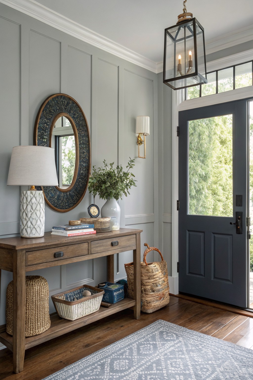 Cozy entryway featuring soft light gray board-and-batten walls, a wood console table with lamps and baskets, gold accents, and a dark blue front door open to greenery.