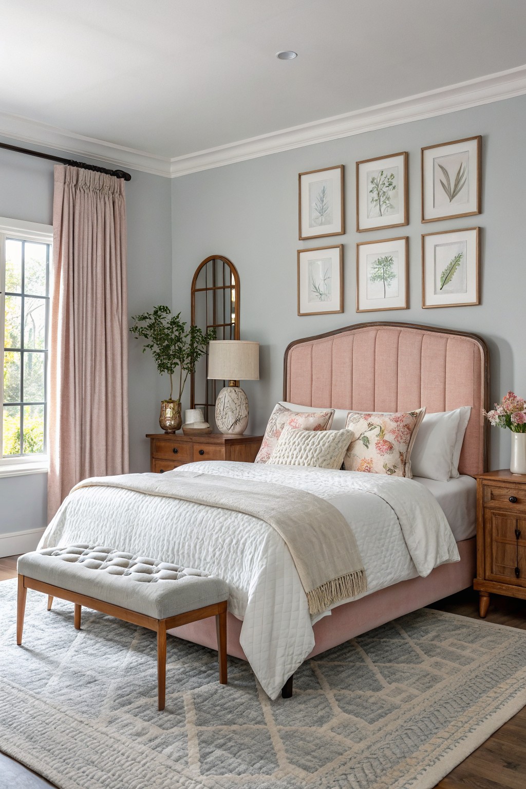 Pale cool gray walls in a cozy bedroom with pink tufted headboard, wood dressers, arched mirror, and botanical prints