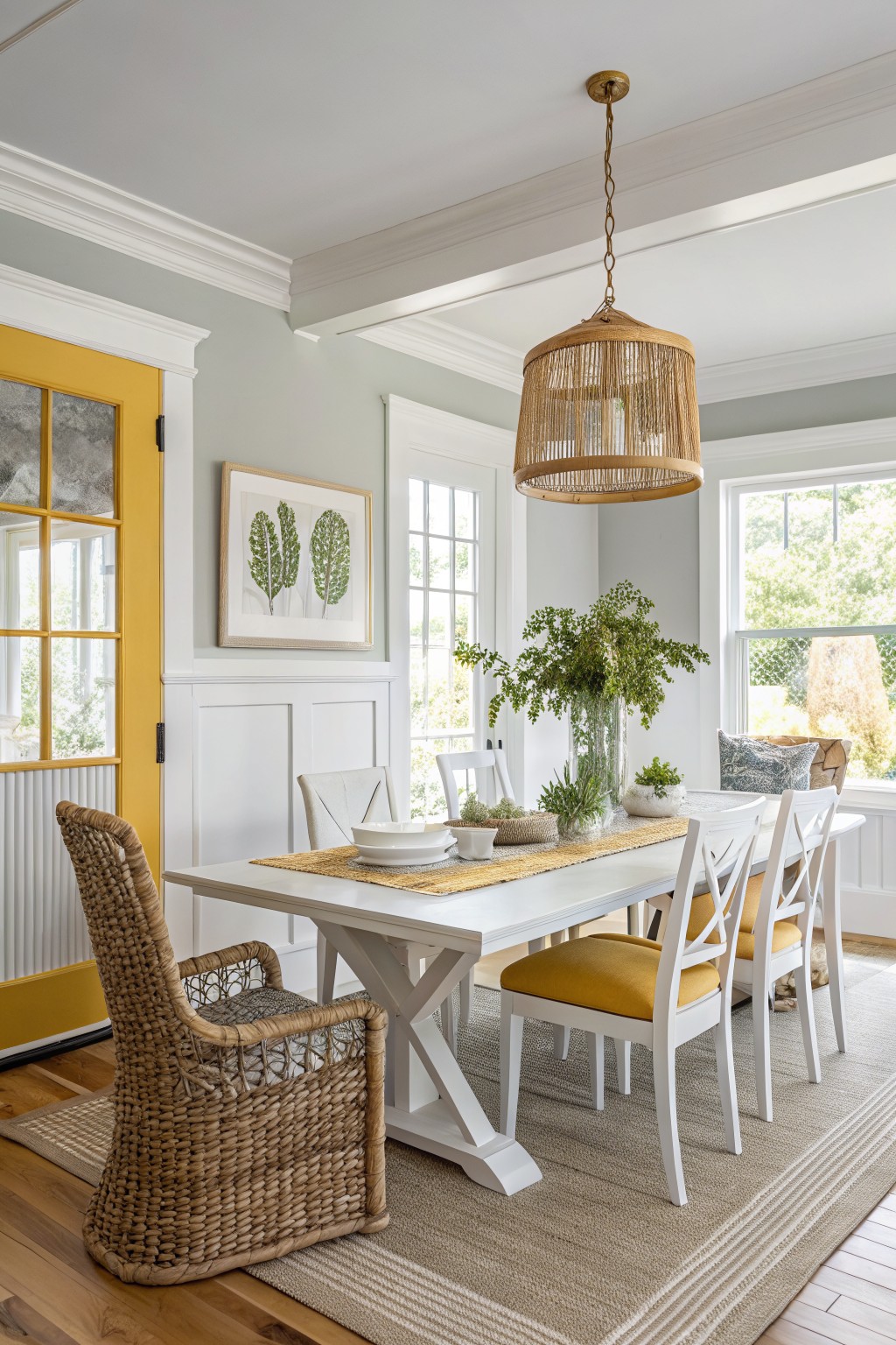 Light gray dining room walls paired with a soft yellow French door, white trim, wooden farmhouse table, and yellow upholstered chairs on a beige rug