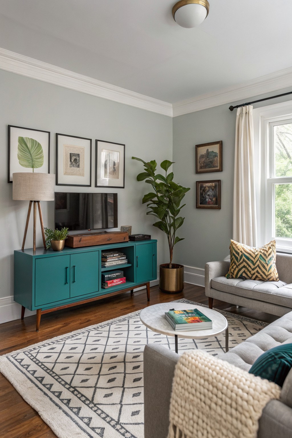 Light gray living room with turquoise-painted credenza under TV, gray sofa, wood floors, and potted plants