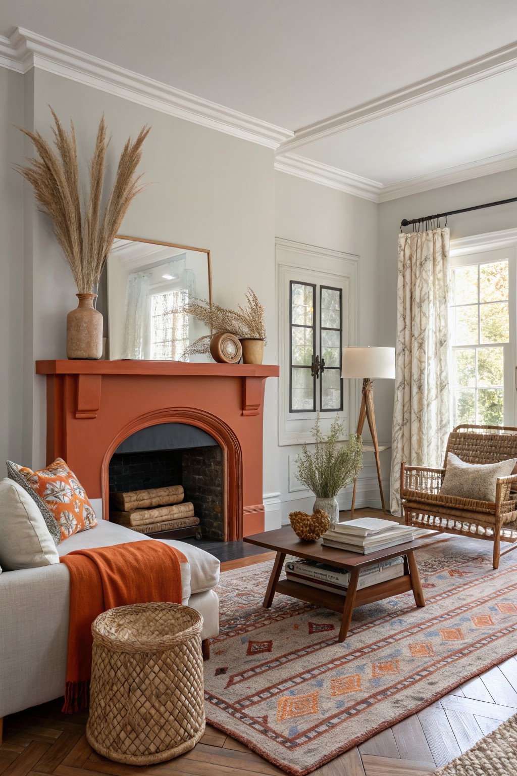Light gray living room with terracotta red fireplace mantel, rattan furniture, orange textiles, potted plants, and hardwood floors