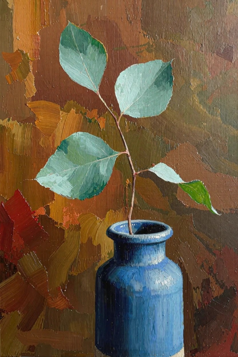 Oil painting of a young aspen branch with light green leaves in a textured blue vase against an abstract warm-toned background.