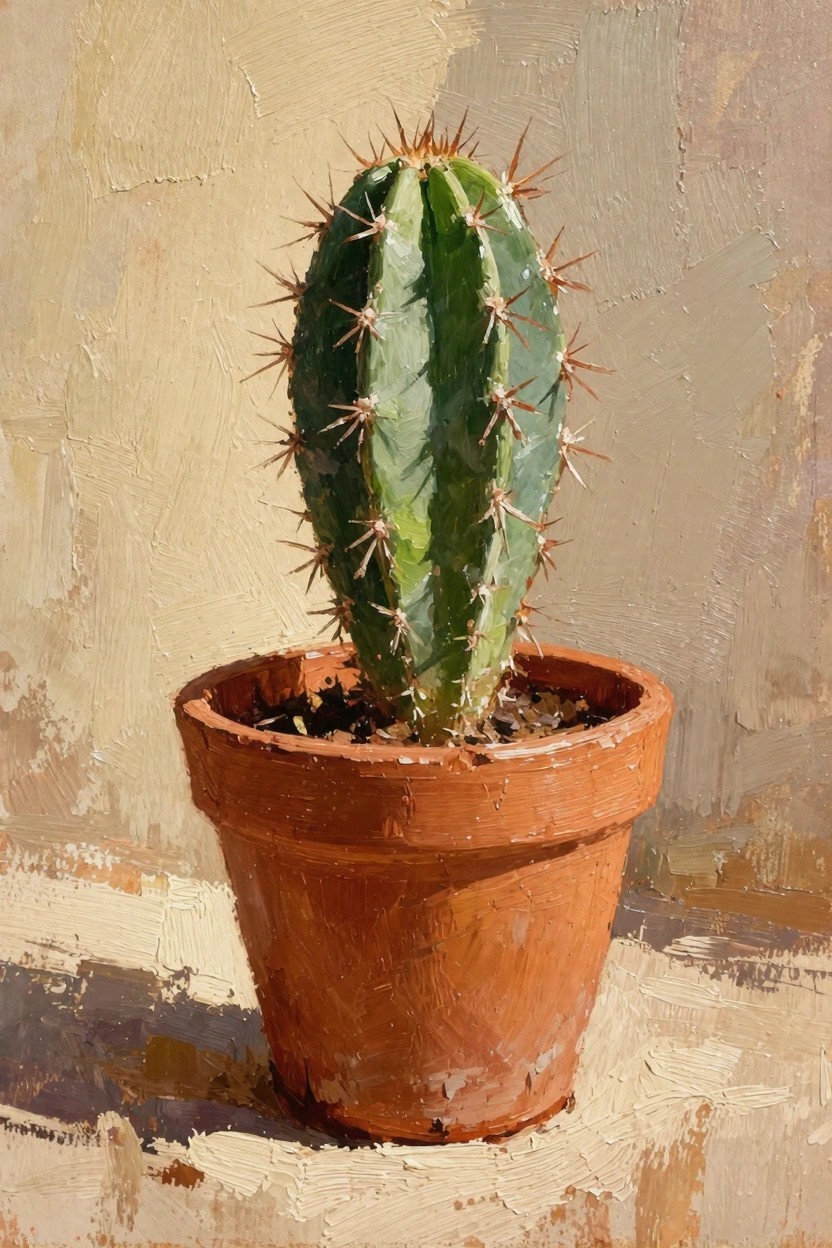 Oil painting of a spiny green barrel cactus in a terracotta pot against a beige background with warm light.