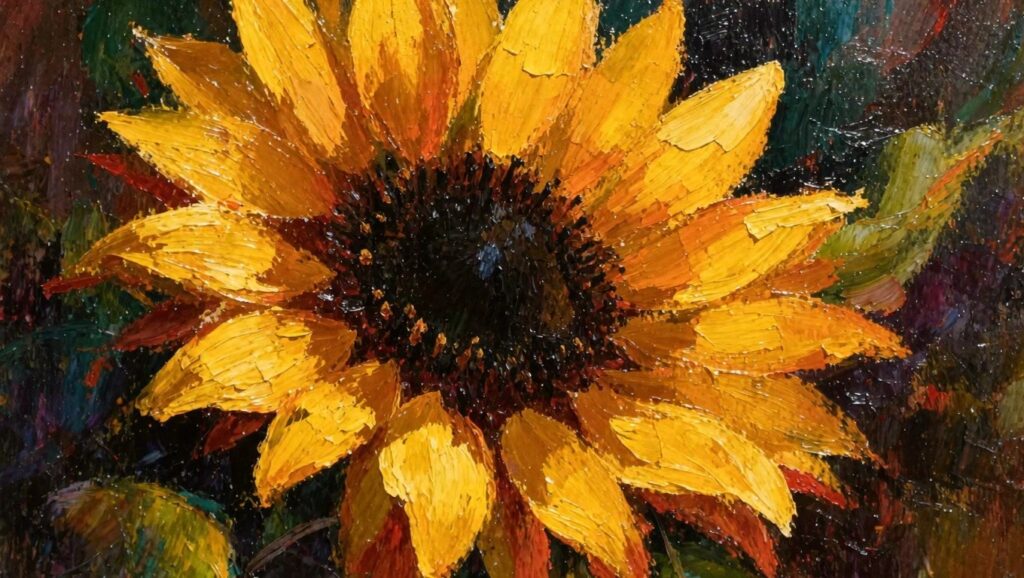 Oil painting close-up of a sunflower with bright yellow petals, dark brown center, green stem and leaves against a textured beige background.
