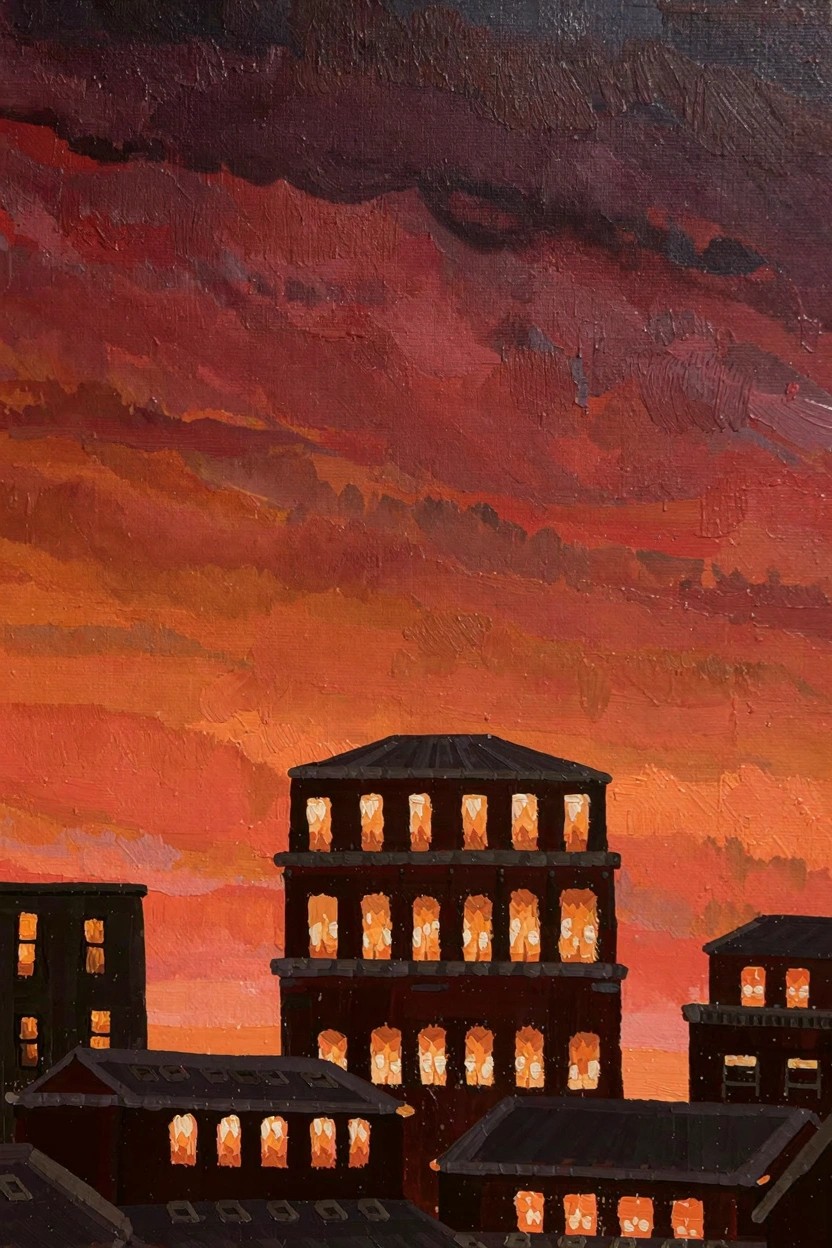 Oil painting of dark silhouetted city buildings with lit warm windows against a dramatic swirling red-orange-purple sunset sky.