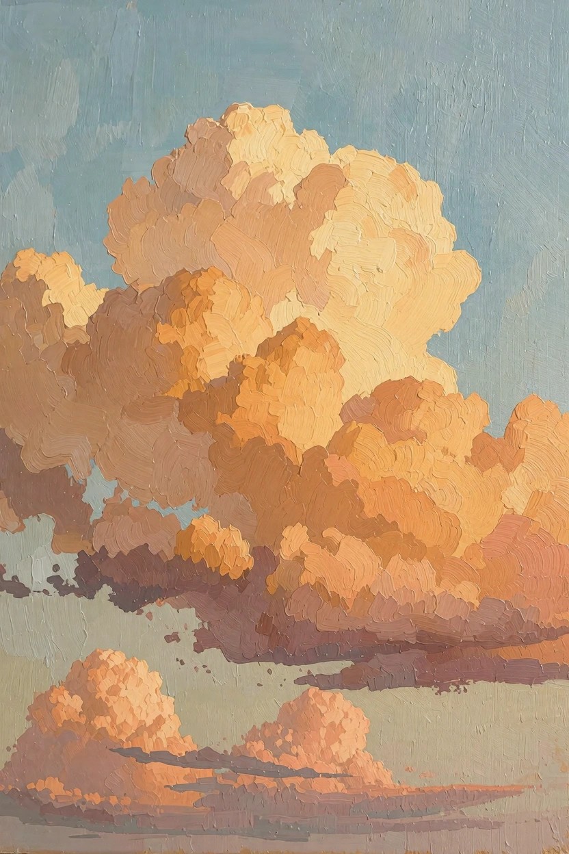 Oil painting of large fluffy golden-orange clouds against a blue sky with textured brushwork.