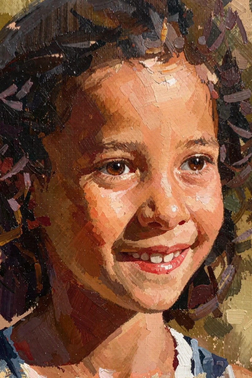Oil painting of a close-up smiling girl's face with curly dark hair, brown eyes, and a blue top.