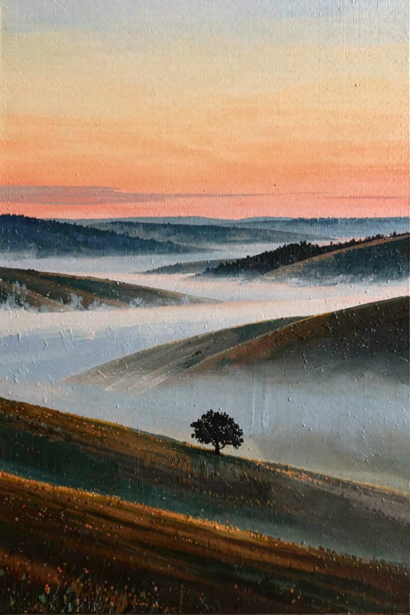 Oil painting depicting rolling hills in mist with a single tree on a slope under a gradient orange-to-blue sunset sky.