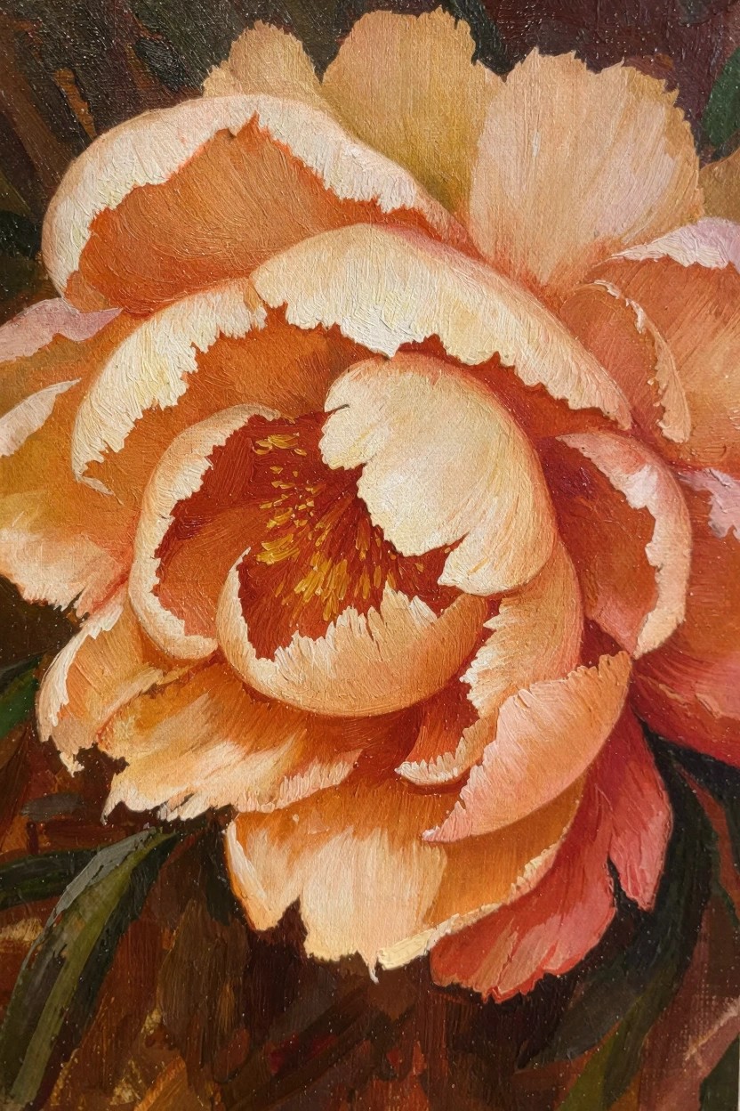 Close-up oil painting of a peach and cream peony bloom with textured ruffled petals and dark green leaves in the background.