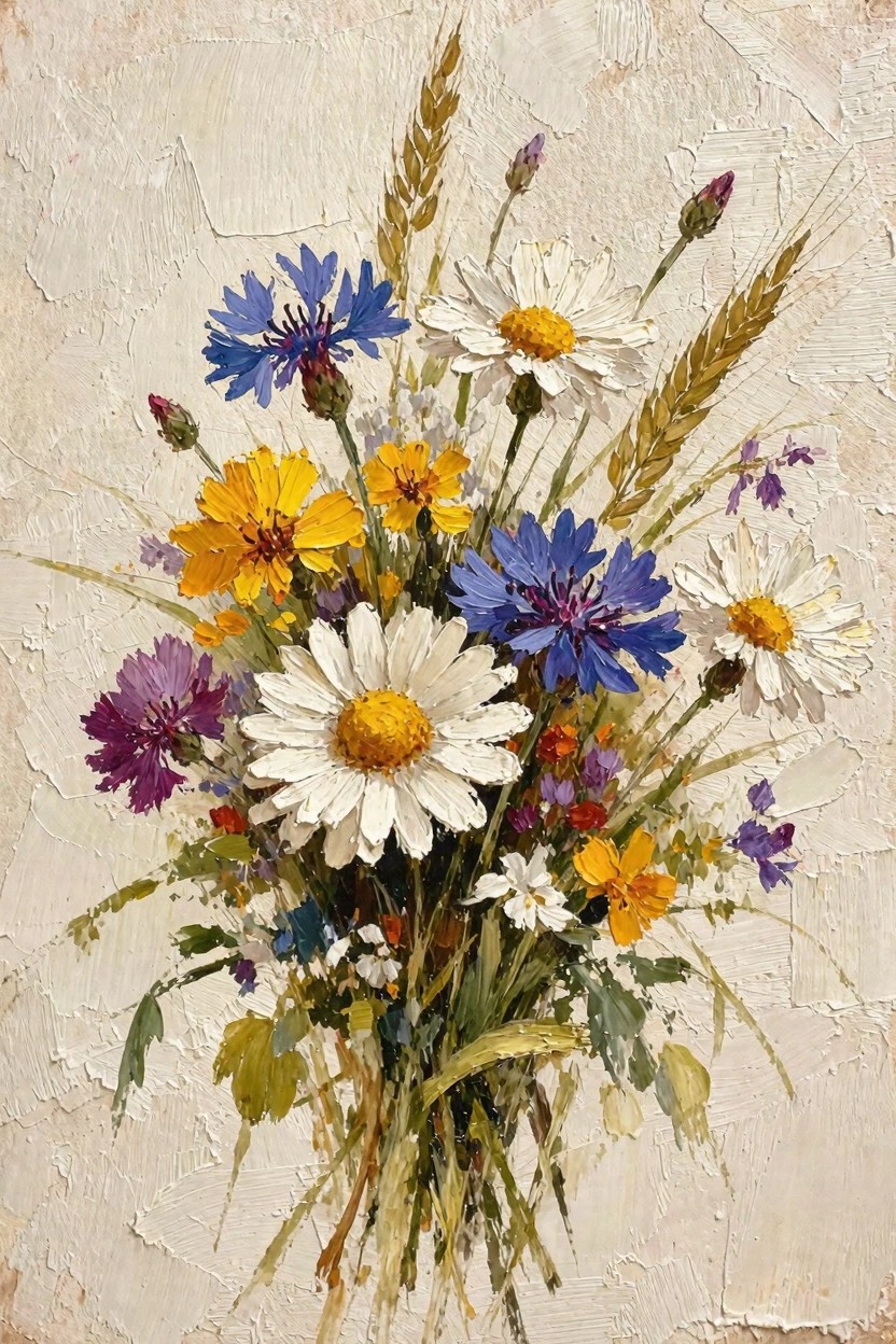 Oil painting of a loose bouquet with blue cornflowers, white daisies, yellow flowers, purple blooms, wheat stalks, and greens on a textured beige background.