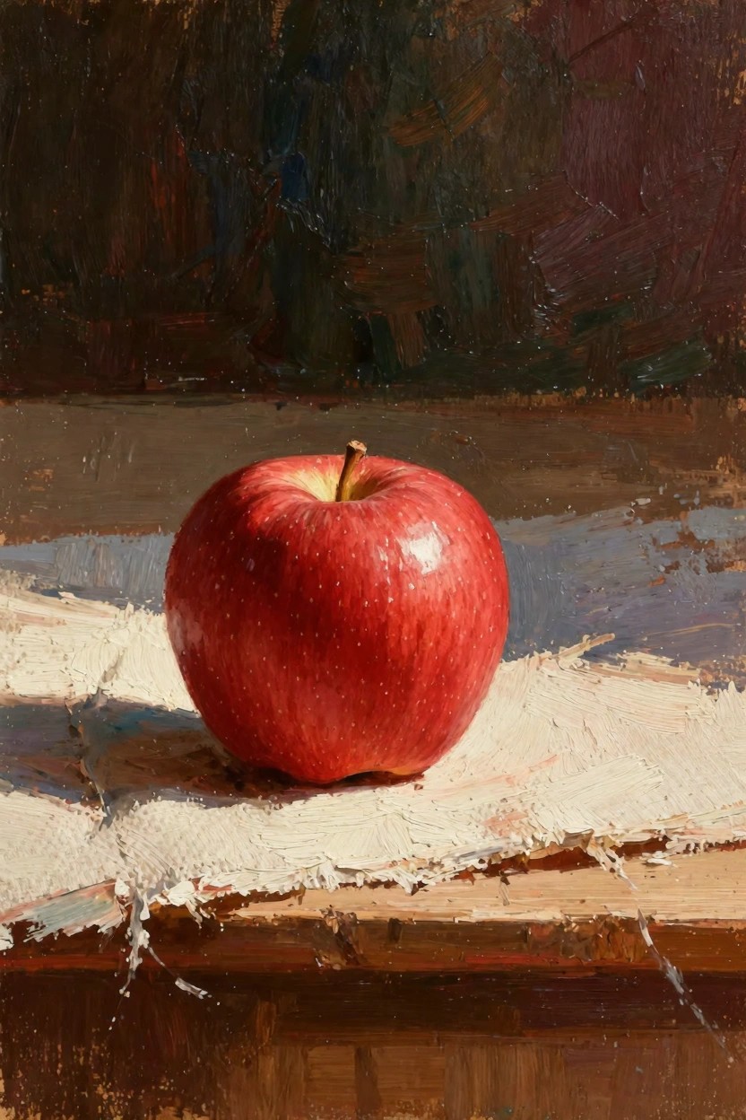 Oil painting of a shiny red apple on textured white cloth over wood, with side lighting and dark background.